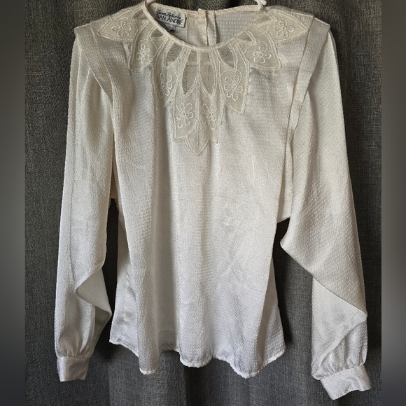 Vintage 90’s San Andre Satin Ivory Blouse Victorian Woven Lace Trim Collar Sz 6 - Picture 1 of 5